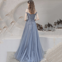 Blue tulle long prom dress blue evening dress - Thumbnail 4