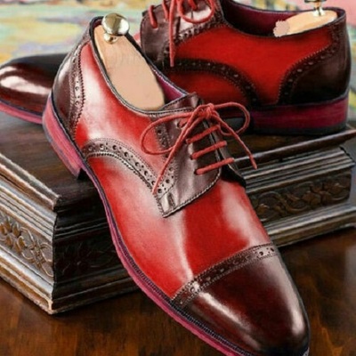 Handmade men's genuine red, brown leather derby lace up toe cap dress shoes