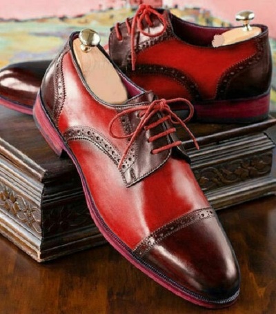 Handmade Men's Genuine Red, Brown Leather Derby Lace Up Toe cap Dress Shoes