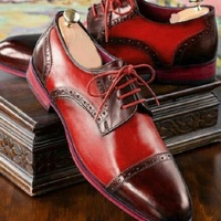 Handmade Men's Genuine Red, Brown Leather Derby Lace Up Toe cap Dress Shoes - Thumbnail 1