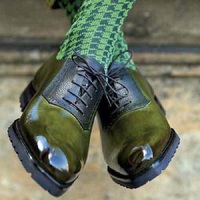 Handmade Men's Genuine Green Leather Oxford Lace up Shoes - Thumbnail 1