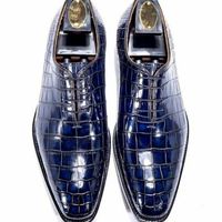 Handmade Men's Genuine Blue Leather Crocodile Print Oxford Lace Up Dress Shoes - Thumbnail 1