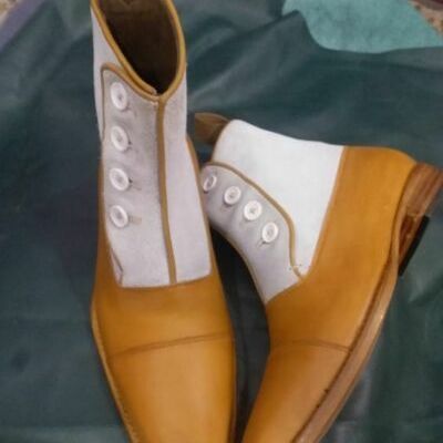 Handmade adults best button boots,tan leather and white suede formal wear boot - Thumbnail 4