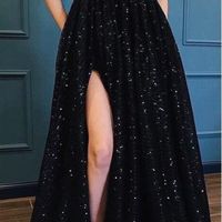 SP1407,Black Sequins Side Slit A line Spaghetti Straps Party Prom Dress - Thumbnail 1