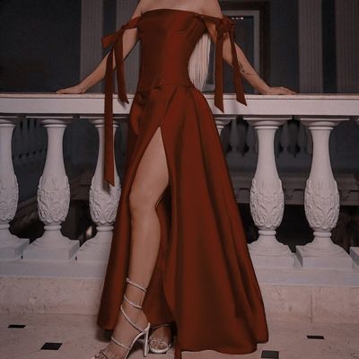 Sp1412,2021 off the shoulder red burgundy a-line satin prom dress with slit - Thumbnail 5