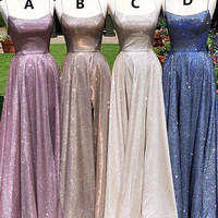 SP1414,Spaghetti Straps Cross Back A-Line Sequin Long Evening Prom Dresses - Thumbnail 2