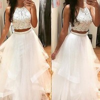 SP1417,Two Pieces Beaded White Ruffles Halter A-Line Prom Dress Evening Gown - Thumbnail 1