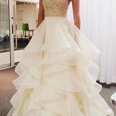 Sp1418,princess ivory beading layered a-line spaghetti straps prom dress long evening party gown - Thumbnail 3