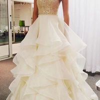 SP1418,Princess Ivory Beading Layered A-Line Spaghetti Straps Prom Dress Long Evening Party Gown - Thumbnail 1