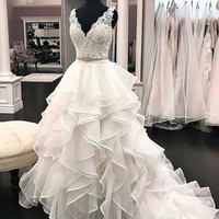 SP1419,Romantic Wedding Dresses,Applique Beaded Ruffles Bridal Dresses,V-Neck Applique Organza Wedding Gown - Thumbnail 1