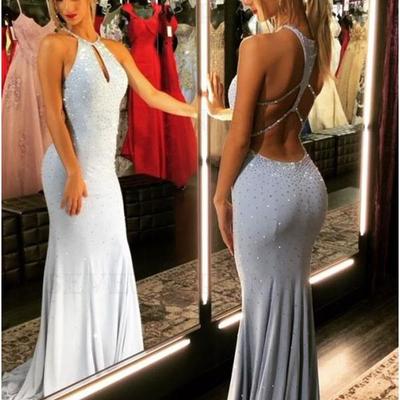 Sp1423,halter open back long mermaid prom dress with beading light blue evening dress - Thumbnail 2