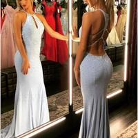 SP1423,Halter Open Back Long Mermaid Prom Dress with Beading Light Blue Evening Dress - Thumbnail 1