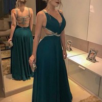 SP1424,A-Line/Princess Sleeveless V-neck Floor-Length Beading Chiffon Dresses - Thumbnail 1