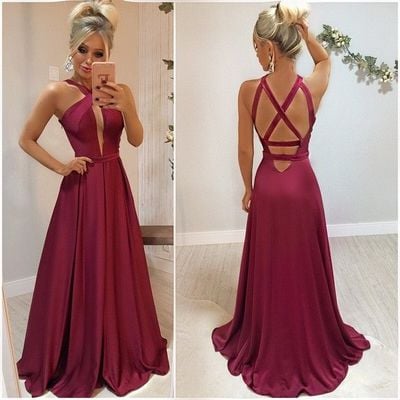 Sp1425,burgundy prom dresses,halter long party dress,dark red v-neck sexy evening gown - Thumbnail 4