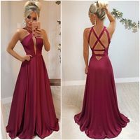 SP1425,Burgundy Prom Dresses,Halter Long Party Dress,Dark Red V-Neck Sexy Evening Gown - Thumbnail 1