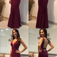 SP1426,Open Back Mermaid Evening Dress,V-neck Long Prom Dress,Wine Red Formal Gown - Thumbnail 1
