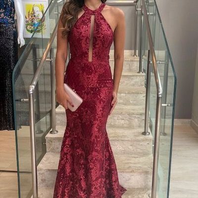 Sp1428,vestido wine lace halter mermaid full length prom dresses - Thumbnail 4