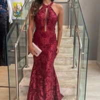 SP1428,Vestido Wine Lace Halter Mermaid Full Length Prom Dresses - Thumbnail 1