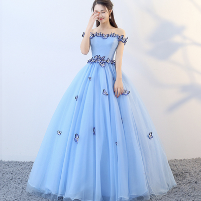 Blue tulle long ball gown dress formal dress - Thumbnail 3