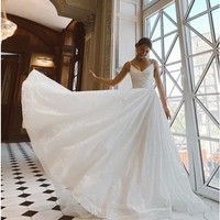 Sparkly Charming V Neck Straps Sequins White Wedding Dresses,Glitter White Prom Dresses - Thumbnail 3