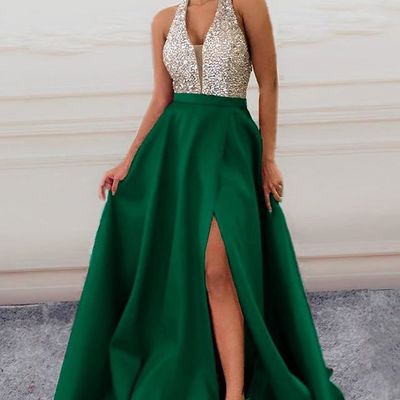 A line v neck halter dark green satin prom dresses with beading, slit evening dresses - Thumbnail 4
