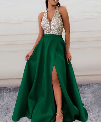 A Line V Neck Halter Dark Green Satin Prom Dresses with Beading, Slit Evening Dresses