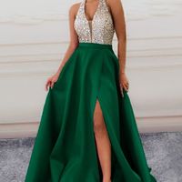 A Line V Neck Halter Dark Green Satin Prom Dresses with Beading, Slit Evening Dresses - Thumbnail 1