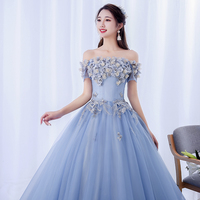 A line tulle applique long prom dress evening dress - Thumbnail 1