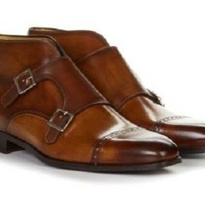 New men's handmade leather dress boots, genuine leather monk strap boots for men - Thumbnail 2