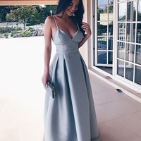 SP1435,A-Line Spaghetti Straps Sleeveless Floor-Length With Ruffles Satin Prom Dresses  - Thumbnail 1