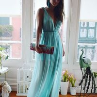SP1436,Mint Green Chiffon V-Neck Sheath Full Length Prom Dresses - Thumbnail 1