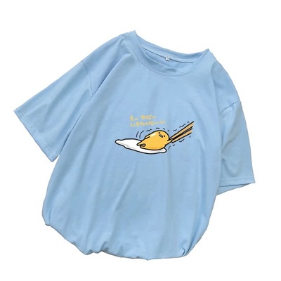 Funny lazy egg cartoon anime print casual loose short sleeve tee shirt t-shirt top e-girl kawaii korean japanese harajuku streetwear