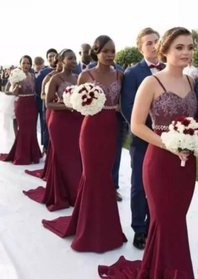 Spaghetti Burgundy Mermaid Bridesmaid Dresses, Lace Top Beaded Bridesmaid Dresses, Cheap Popular Bridesmaid Dresses,658