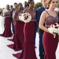 Spaghetti Burgundy Mermaid Bridesmaid Dresses, Lace Top Beaded Bridesmaid Dresses, Cheap Popular Bridesmaid Dresses,658 - Thumbnail 1