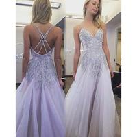 Spaghetti Light Purple Rhinestone Beaded Long A-line Prom Dresses, Affordable Prom Dresses,Popular Prom Dresses,757 - Thumbnail 2