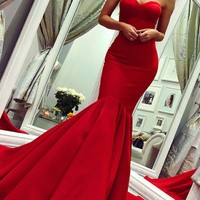 Sweetheart Red Mermaid Prom Dress with Train Satin Backless Gown,758 - Thumbnail 1