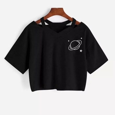 Black Planet Star Print Casual Summer Crop Top Short Sleeve Tee Shirt T-shirt Top E-Girl Kawaii Korean Japanese Harajuku Streetwear