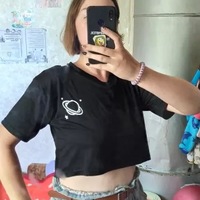 Black Planet Star Print Casual Summer Crop Top Short Sleeve Tee Shirt T-shirt Top E-Girl Kawaii Korean Japanese Harajuku Streetwear - Thumbnail 7