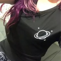 Black Planet Star Print Casual Summer Crop Top Short Sleeve Tee Shirt T-shirt Top E-Girl Kawaii Korean Japanese Harajuku Streetwear - Thumbnail 8