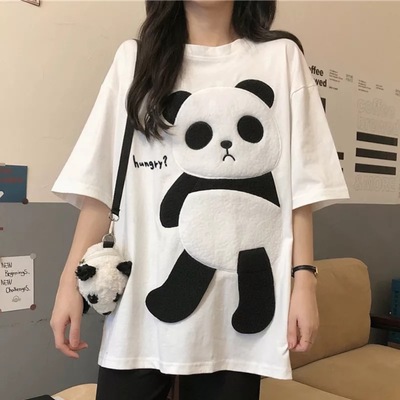 Cute panda bear fleece hungry casual summer oversized short sleeve tee shirt t-shirt top e-girl kawaii korean japanese harajuku streetwear - Thumbnail 5