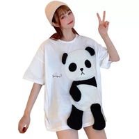 Cute Panda Bear Fleece Hungry Casual Summer Oversized Short Sleeve Tee Shirt T-shirt Top E-Girl Kawaii Korean Japanese Harajuku Streetwear - Thumbnail 1