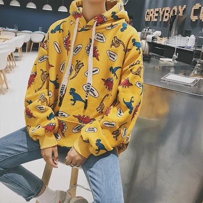 Funny Dinosaur Cartoon Print Vintage Baggy Oversized Loose Hoodie Pullover Sweater Sweatshirt Jumper E-Girl Kawaii Korean Japanese Harajuku Streetwear