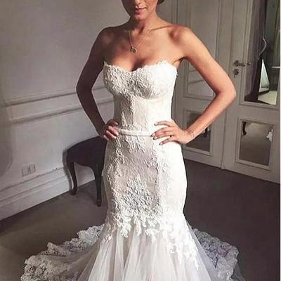 Fantastic tulle & lace sweetheart neckline mermaid wedding dress with lace appliques & belt,762