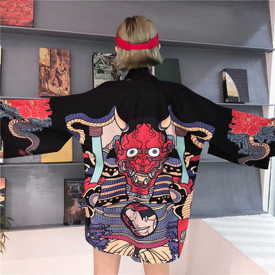 Mask Demon Horn Kimono Cardigan Cartoon Print Loose Blouse Long Sleeve Shirt T-shirt Top E-Girl Kawaii Korean Japanese Harajuku Streetwear