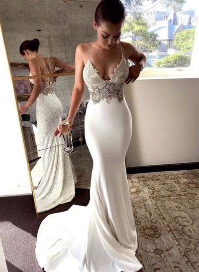 White party dress spaghetti straps evening dress v neck mermaid prom dress applique formal dress,768