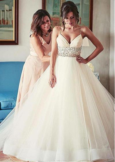 Wonderful Tulle Spaghetti Straps Neckline Ball Gown Wedding Dress With Beadings & Pleats,769