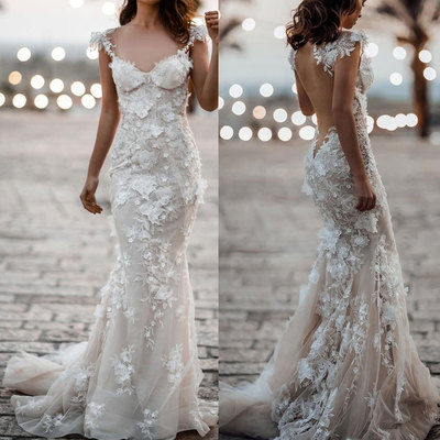 Backless bridal gown wedding dresses with flowers appliques - Thumbnail 4