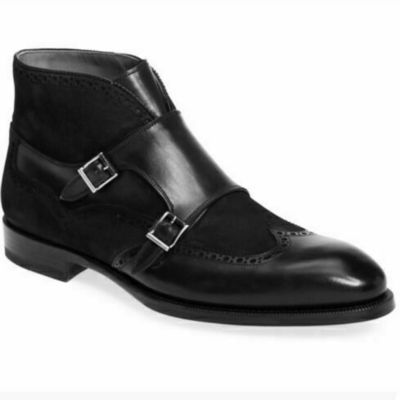 New handmade men black ankle high boots, monk strap chukka boot,suede & leather - Thumbnail 1