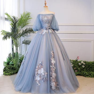 Blue tulle lace long ball gown dress formal dress - Thumbnail 4