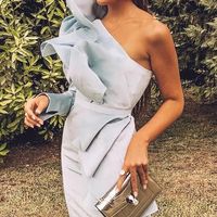 SP1448,Sky Blue One Shoulder Ruffles Mermaid Long Prom Dress with Side Slit - Thumbnail 1